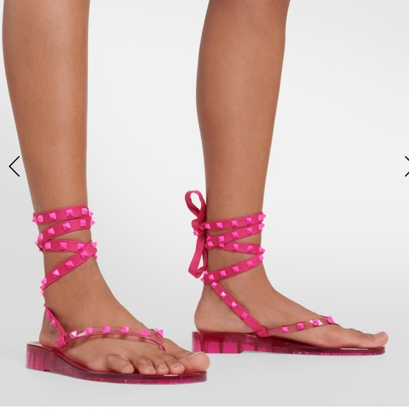 VALENTINO Rockstud PVC Laced Thong Sandals Hot Pink - Picture 2 of 12